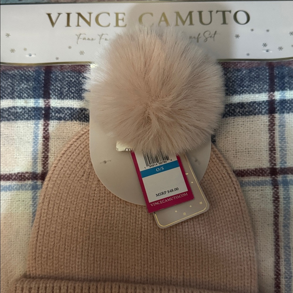 Vince Camuto Beige Knit Beanie with Pom Scarf AA55